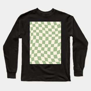 Green and Cream Distorted Warped Checkerboard Pattern I Long Sleeve T-Shirt